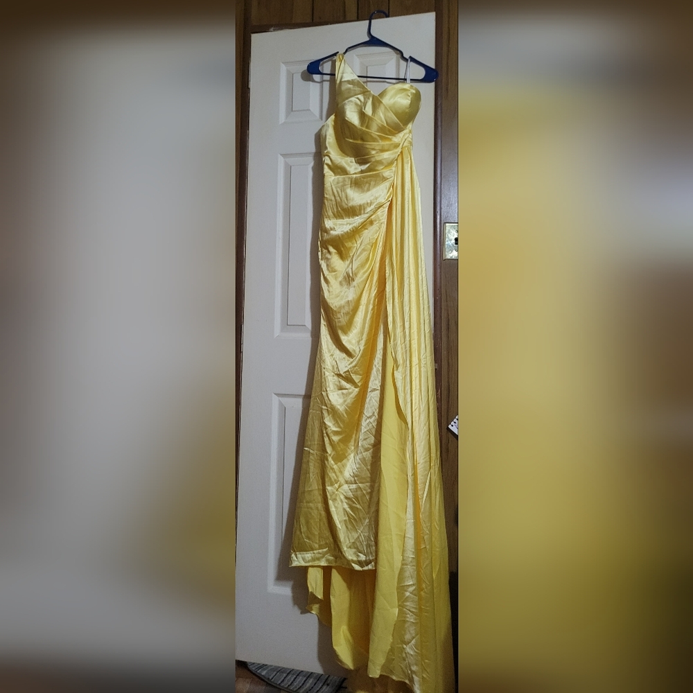 Vibrant Yellow Satin Formal Gown.